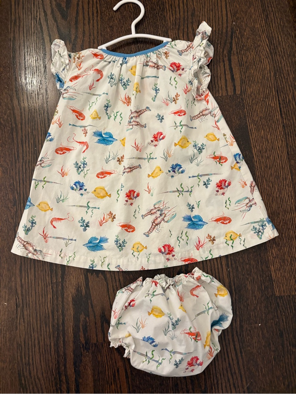 SO Baby Sea Life Print Dress with Blue Trim